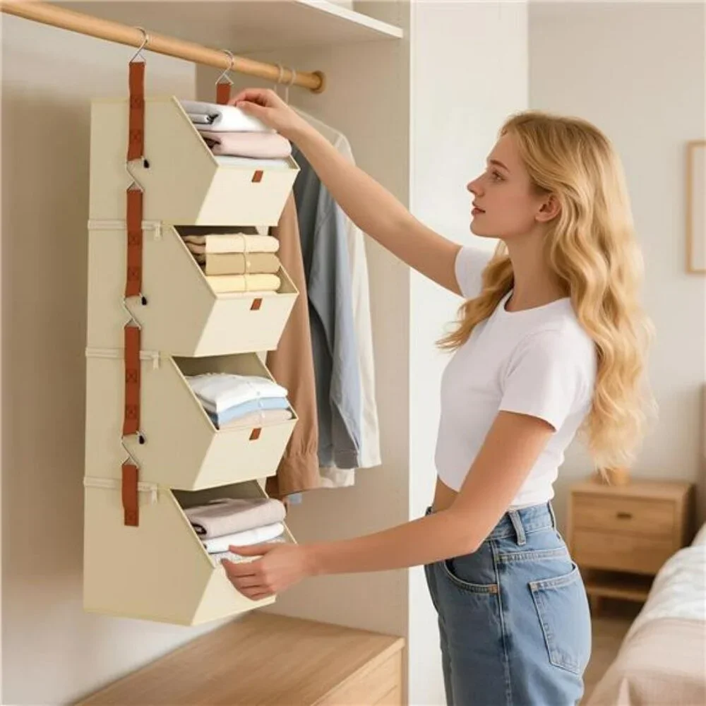 Hanging closet organizer 4 tier shelves with fabric storage bins bedroom dorm RV